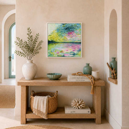 'Echoes in Still Water' - Framed original calm abstract art with gentle flowing brushwork in muted serene tones.