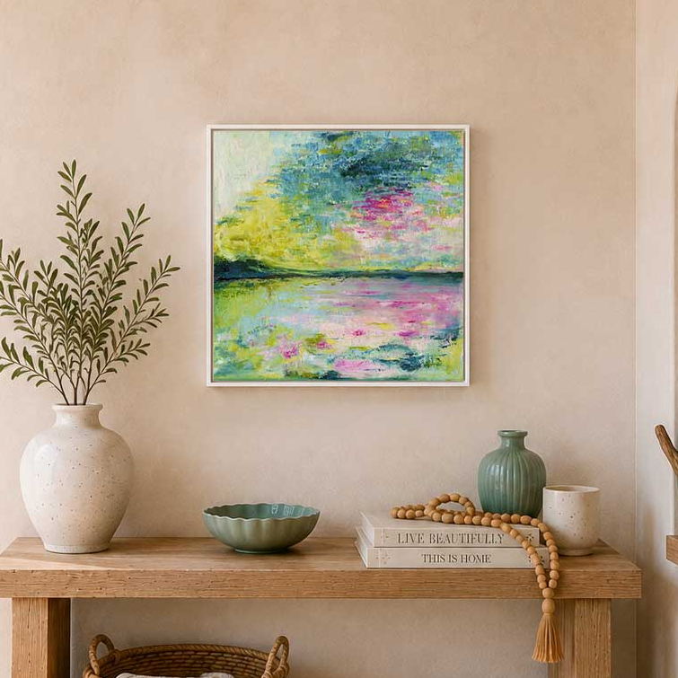 'Echoes in Still Water' - Framed original calm abstract art with gentle flowing brushwork in muted serene tones.