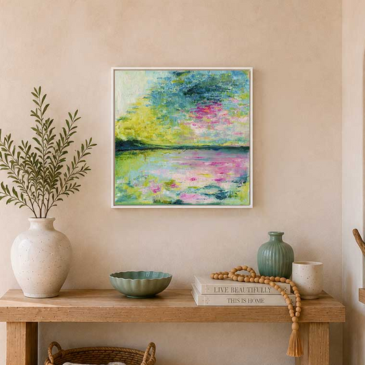 'Echoes in Still Water' - Framed original calm abstract art with gentle flowing brushwork in muted serene tones.