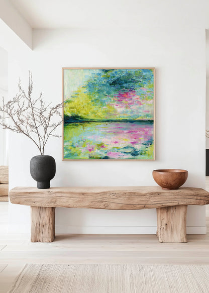 'Echoes in Still Water' - Soft blue and grey abstract Coastal Wall Art print bringing calm and stillness to bedroom walls.