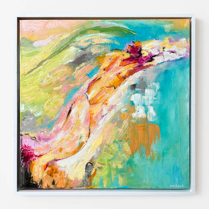 'Endless Summer' - Original abstract oil painting with vibrant pinks, corals and turquoise in white frame.
