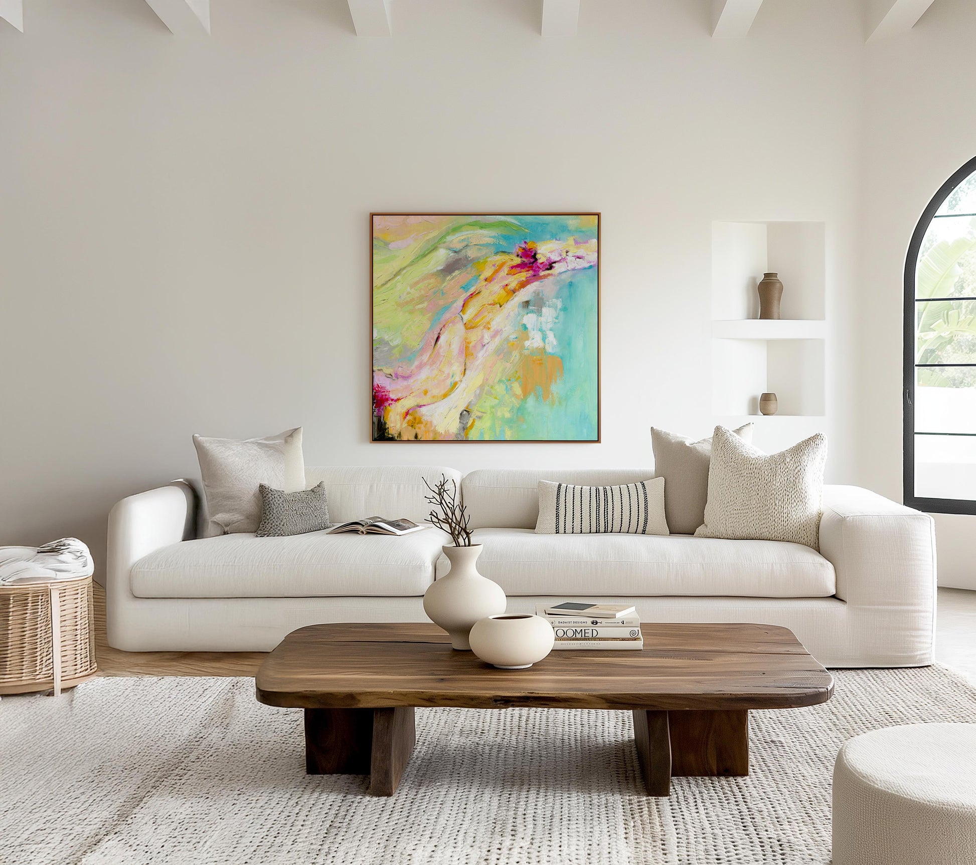 'Endless Summer' - Abstract summer wall art in warm corals and mint greens bringing sunshine into modern home decor.
