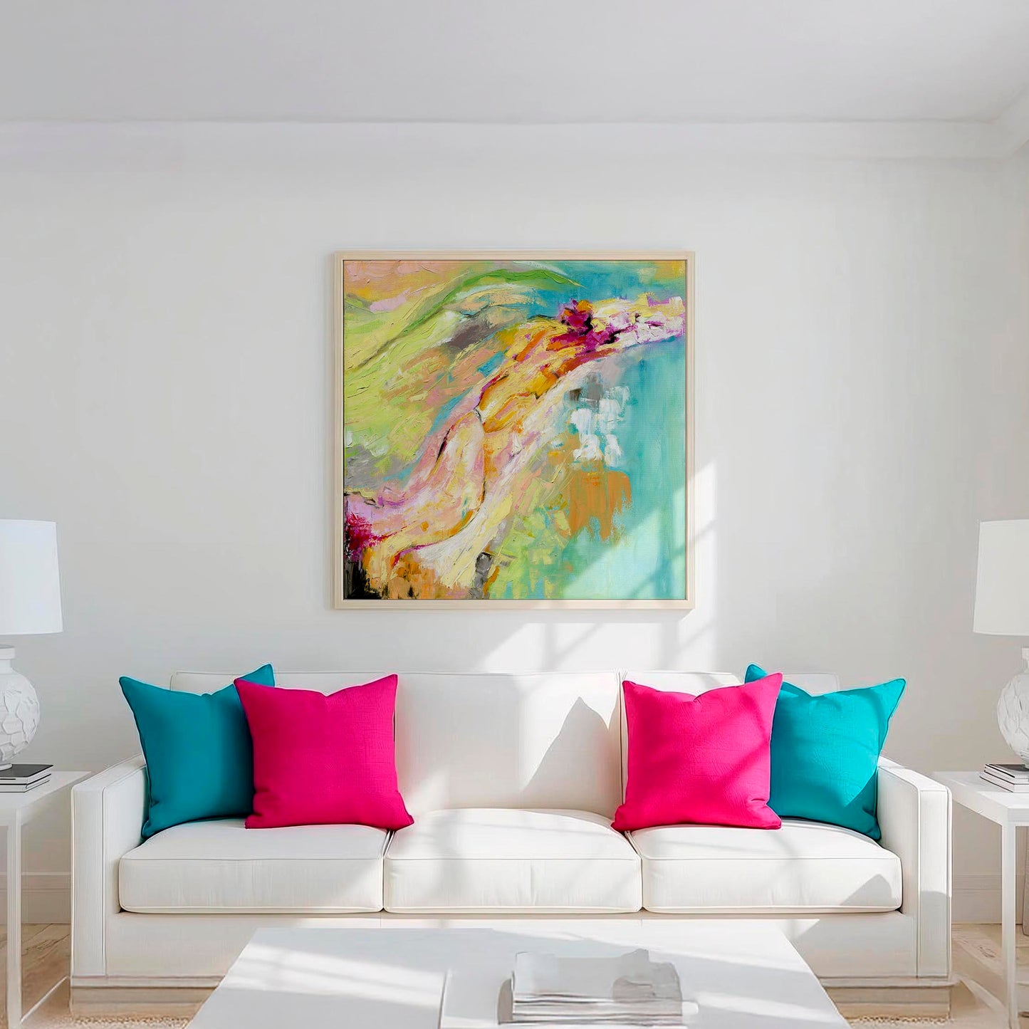 'Endless Summer' - Colourful abstract print in pink, orange and turquoise capturing warmth and joy for living rooms.