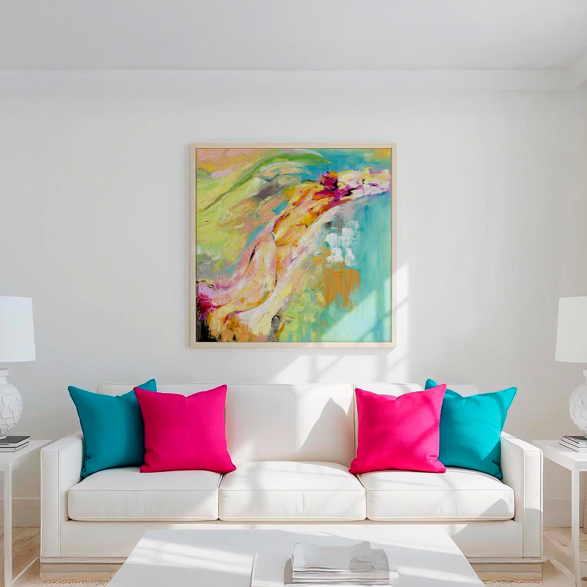 'Endless Summer' - Colourful abstract print in pink, orange and turquoise capturing warmth and joy for living rooms.