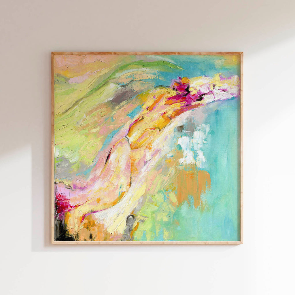 'Endless Summer' - A joyful abstract floral canvas print in warm pinks, coral, orange and minty turquoise — expressive oil painting full of golden summer warmth, freedom and pure happiness, by Kate Shephard Art.