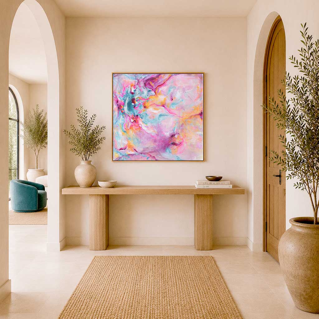 'Joy In The Little Things' - Abstract pink wall art in vivid pink, warm peach and soft blue — expressive canvas artwork with free brushstrokes, beautiful pink wall art for bedroom interiors, by Kate Shephard Art.