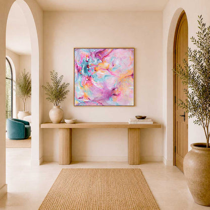 'Joy In The Little Things' - Abstract pink wall art in vivid pink, warm peach and soft blue — expressive canvas artwork with free brushstrokes, beautiful pink wall art for bedroom interiors, by Kate Shephard Art.