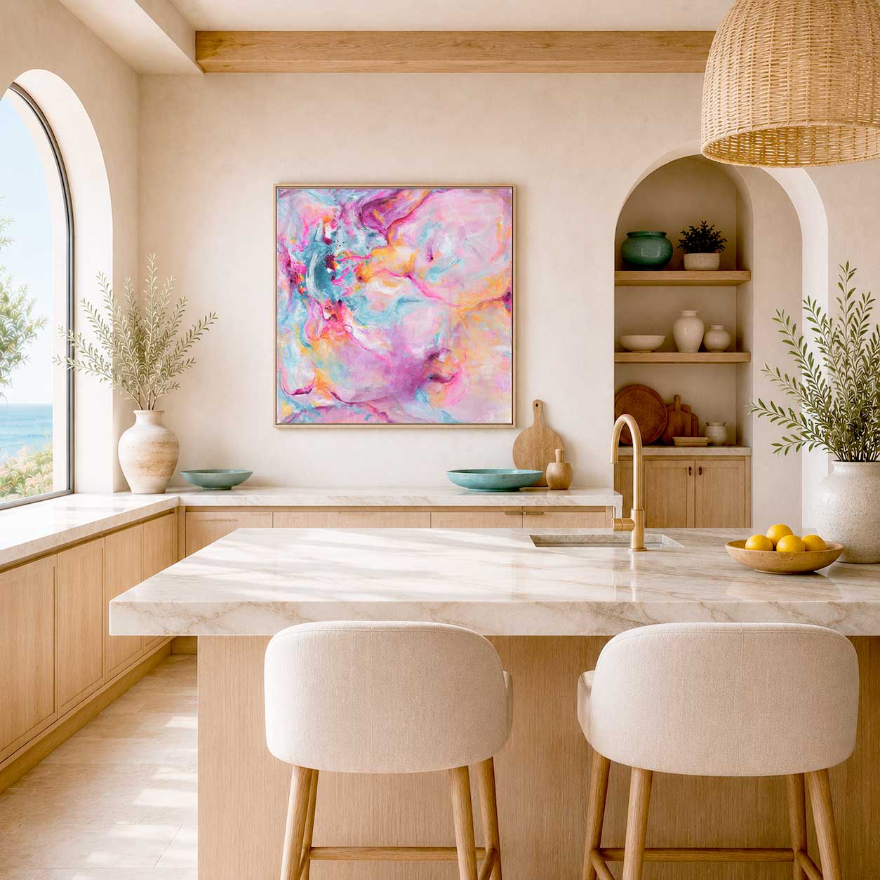 'Joy In The Little Things' - Expressive artwork on canvas in vibrant pink and luminous white tones — abstract pink wall art from the Joy by Design collection, by Kate Shephard Art.