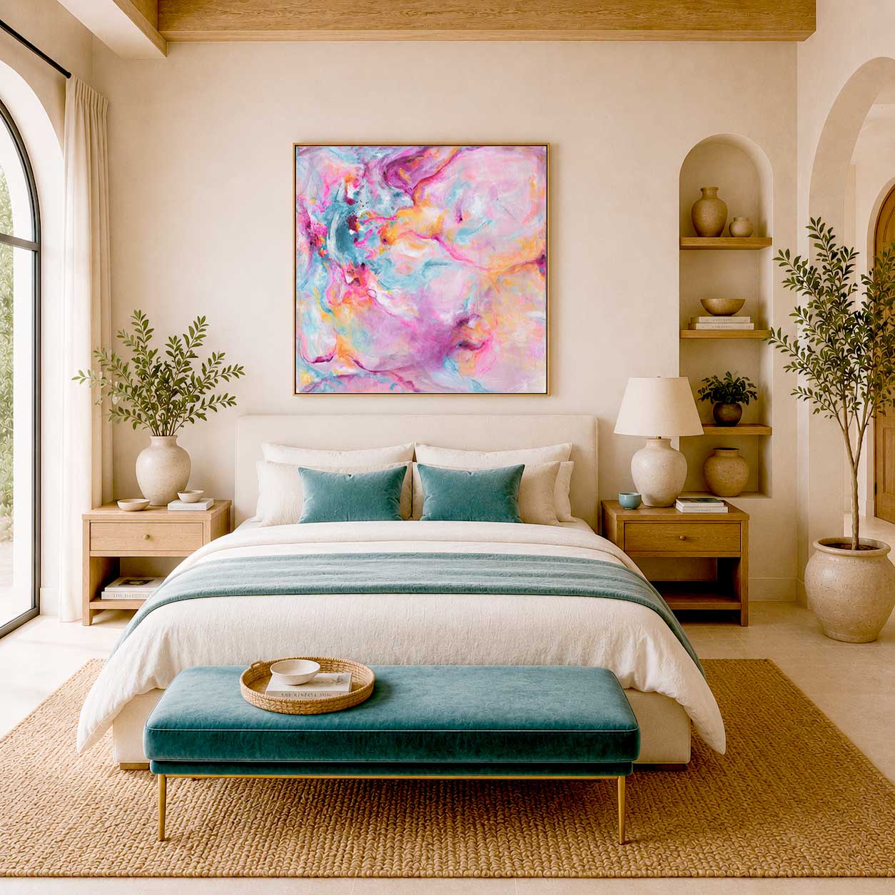 'Joy In The Little Things' - Abstract pink wall art canvas print in vivid pink, soft blue and warm peach — expressive artwork on canvas full of joy and uplifting energy, by Kate Shephard Art.