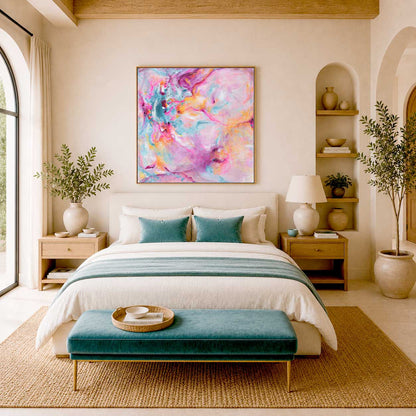 'Joy In The Little Things' - Abstract pink wall art canvas print in vivid pink, soft blue and warm peach — expressive artwork on canvas full of joy and uplifting energy, by Kate Shephard Art.