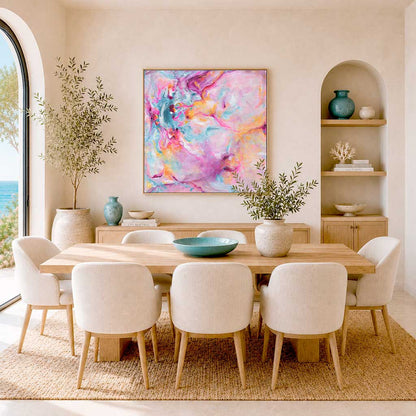 'Joy In The Little Things' - Abstract pink wall art on canvas in vibrant pink, soft blue and warm peach — expressive artwork with free brushstrokes, pink wall art for bedroom and living room, by Kate Shephard Art.