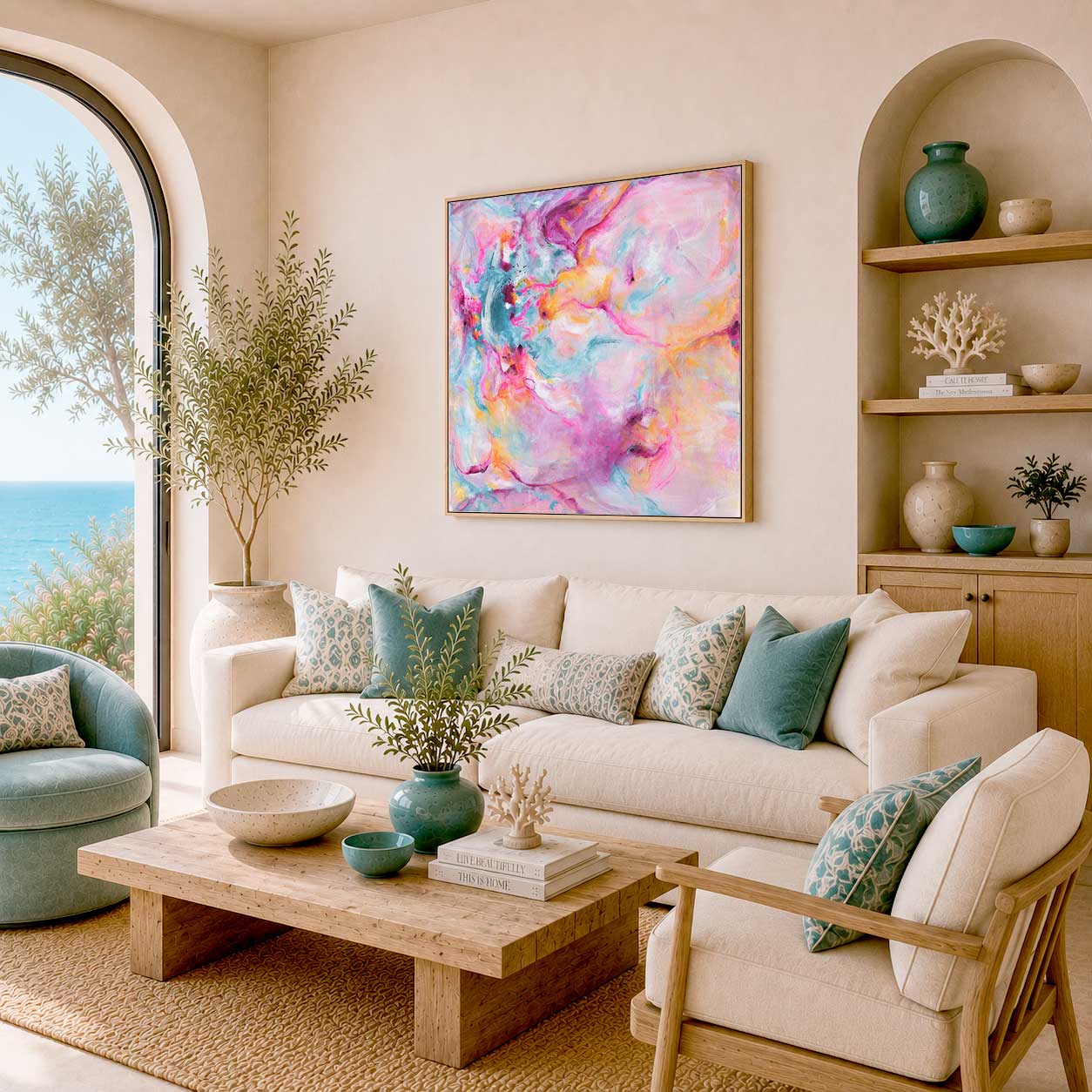 'Joy In The Little Things' - Expressive artwork on canvas in bright vivid pink and luminous white — abstract pink wall art full of joyful movement and energy, by Kate Shephard Art.