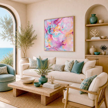'Joy In The Little Things' - Expressive artwork on canvas in bright vivid pink and luminous white — abstract pink wall art full of joyful movement and energy, by Kate Shephard Art.