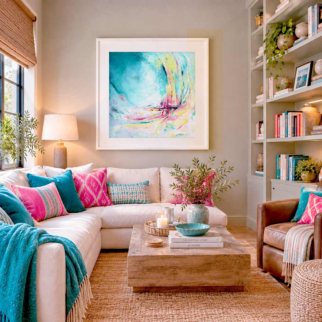 'Caribbean Blue' - Joyful colourful abstract art in vibrant teal, pink and yellow tones, fine art paper print for bedroom.