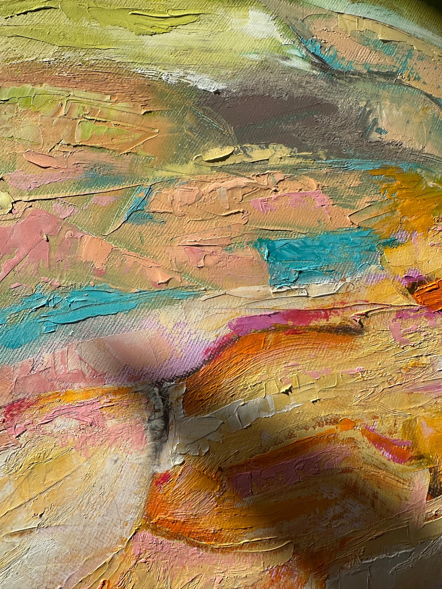 'Endless Summer' - Vibrant original oil painting with pinks, oranges, greens and turquoise flowing movement.