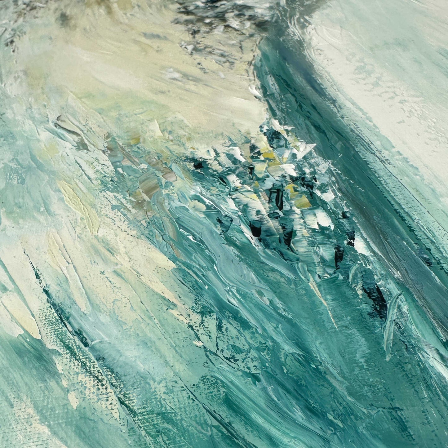 'Beyond The Shore' - Original canvas oil painting in soft pale blues and sandy cream — abstract seascape beach art capturing the feeling of standing at the water's edge on the Dorset coast, by Kate Shephard Art.