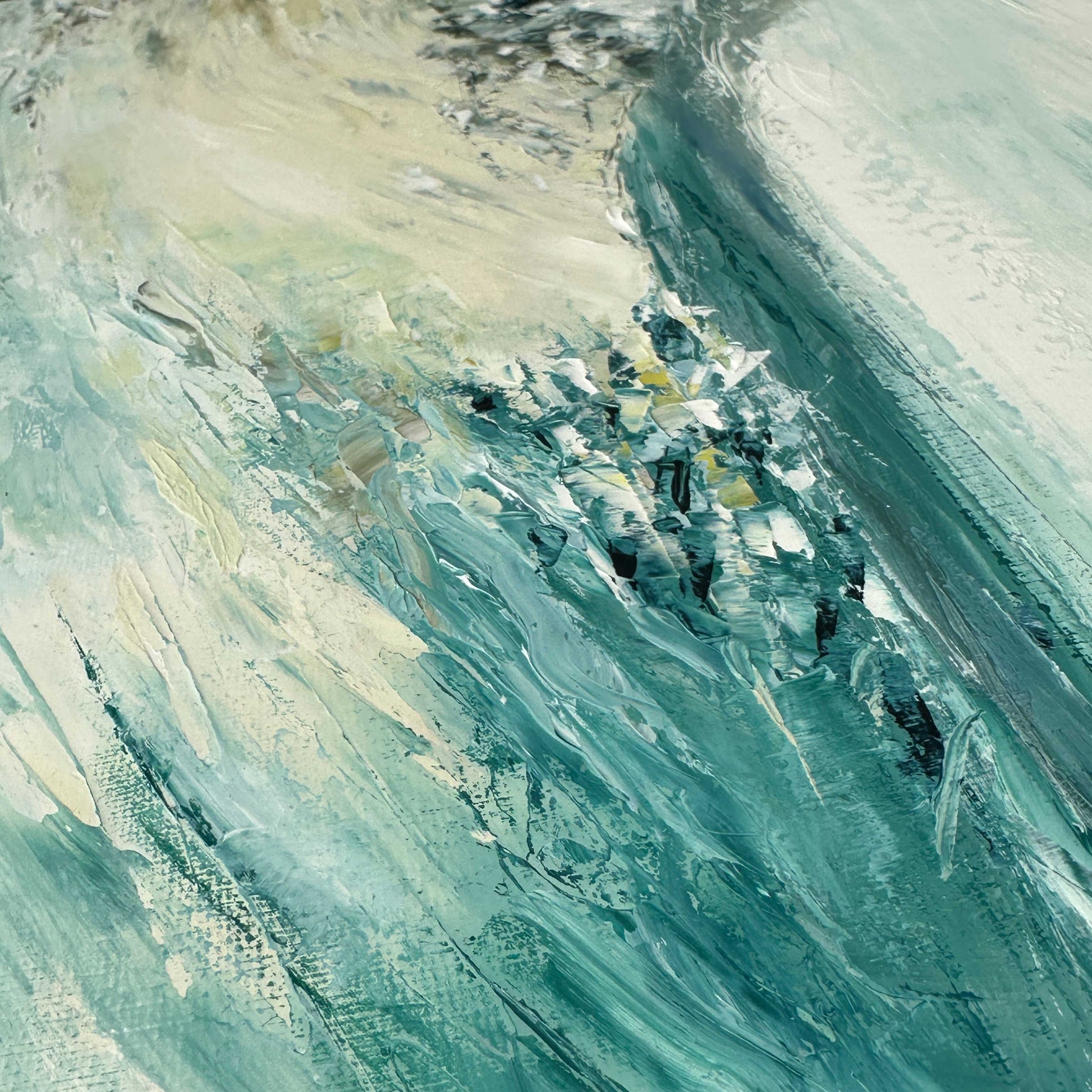 'Beyond The Shore' - Original canvas oil painting in soft pale blues and sandy cream — abstract seascape beach art capturing the feeling of standing at the water's edge on the Dorset coast, by Kate Shephard Art.
