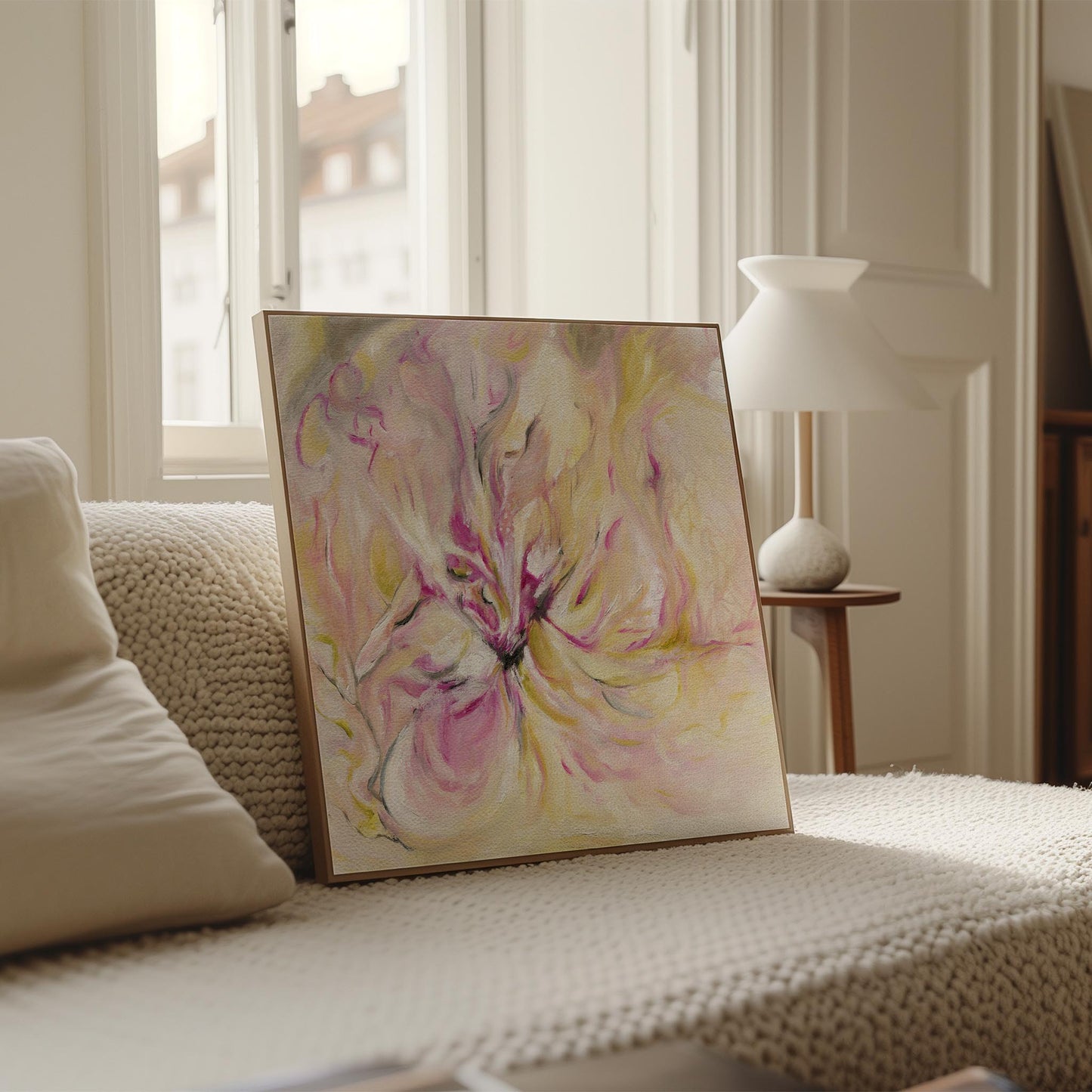 ‘In the Quiet Light’ - Soft modern canvas art in pink, peach, and raw umber.