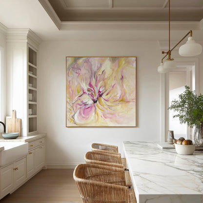 In the Quiet Light Floral Abstract Art Print shown in a modern kitchen