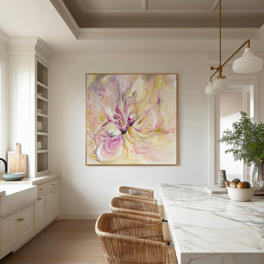 In the Quiet Light Floral Abstract Art Print shown in a modern kitchen