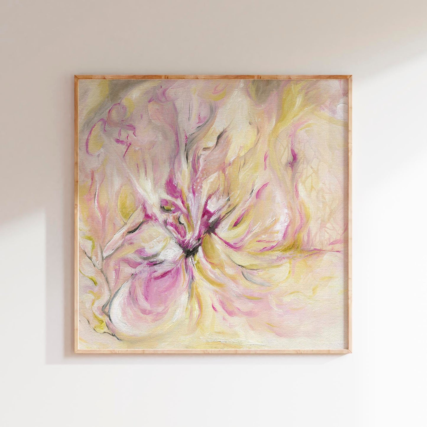 'In the Quiet Light' - A radiant abstract floral canvas print in flowing pink, peach, lime yellow and raw umber — expressive oil painting full of warm light, energy and creative possibility, by Kate Shephard Art.