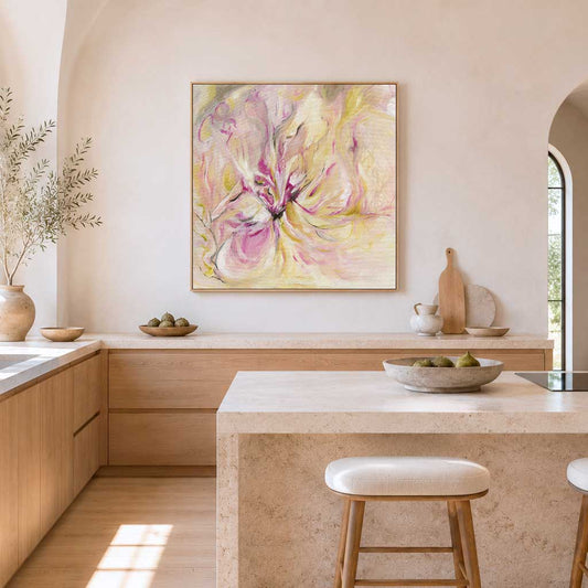 In the Quiet Light Floral Abstract Art Print shown in a modern kitchen