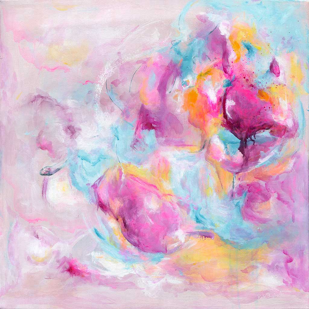 'Joy Looks Good On You' - Positive print in vivid pink, soft blue and warm peach — empowering art about joy with free expressive brushstrokes from the Joy by Design collection, by Kate Shephard Art.