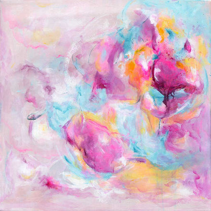 'Joy Looks Good On You' - Positive print in vivid pink, soft blue and warm peach — empowering art about joy with free expressive brushstrokes from the Joy by Design collection, by Kate Shephard Art.