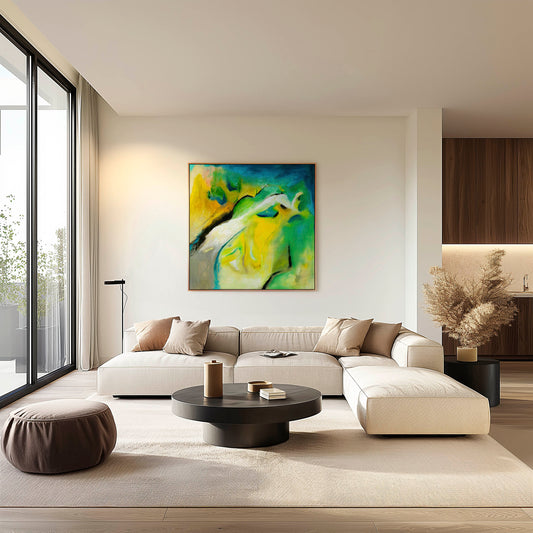 'Leap of Faith' - Vibrant abstract art print in yellow, blue and green bringing joyful courage to modern living spaces. Yellow and green canvas wall art for living room.
