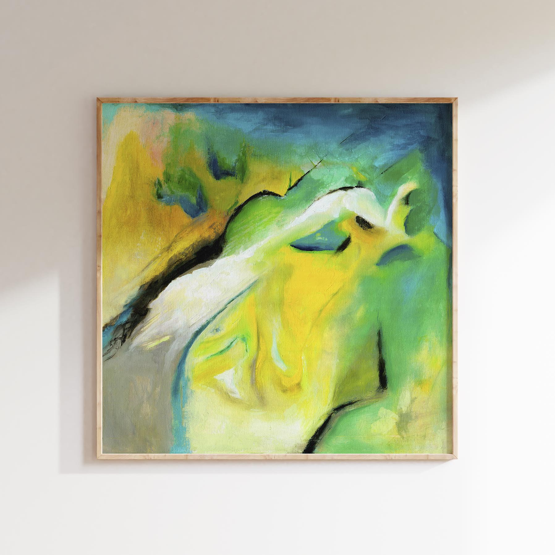 'Leap of Faith' - An expressive abstract canvas print in harmonious yellow and green — original oil painting about courage, trust and the hope of moving forward without seeing the whole path, by Kate Shephard Art.
