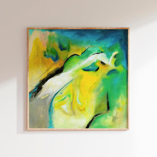 'Leap of Faith' - An expressive abstract canvas print in harmonious yellow and green — original oil painting about courage, trust and the hope of moving forward without seeing the whole path, by Kate Shephard Art.