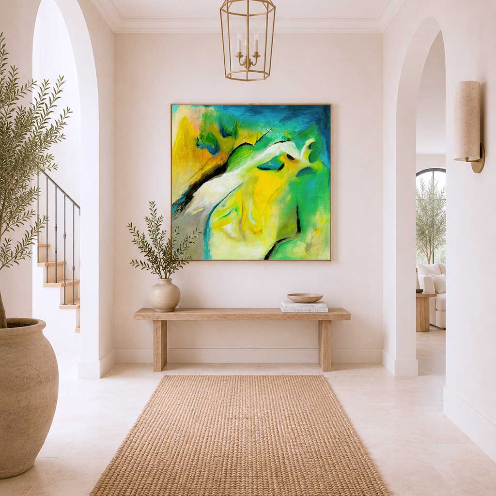 Leap of faith abstract wall art print displayed in wood float frame in a hallway