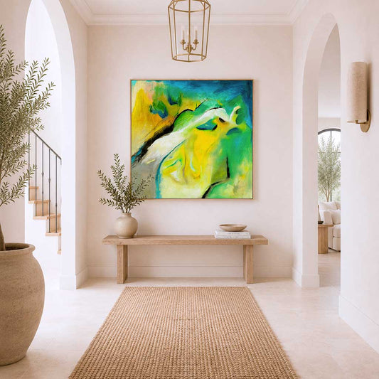Leap of faith abstract wall art print displayed in wood float frame in a hallway