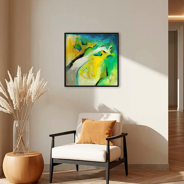 'Leap of Faith' - Original oil painting in yellow and green, abstract art with meaning presented in a black wood float frame — vibrant green wall art for soulful contemporary interiors, by Kate Shephard Art.