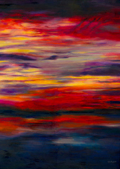 'Midnight Embers' - Original art oil painting in burning crimson, vivid yellow and deep navy charcoal — dramatic sunset artwork painting with real emotional power and extraordinary presence, by Kate Shephard Art.