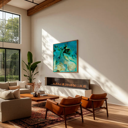 'Courage to Grow' - Abstract art blue fine art print in rich teal and turquoise tones displayed in a contemporary living room, modern abstract wall art.