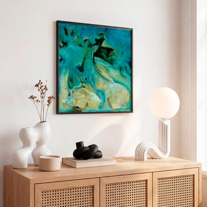 'Courage to Grow' - Abstract art blue fine art print in rich teal and turquoise tones displayed in a contemporary living room, modern abstract wall art.