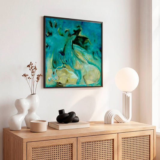 'Courage to Grow' - Abstract art blue fine art print in rich teal and turquoise tones displayed in a contemporary living room, modern abstract wall art.