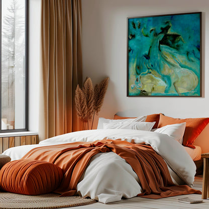 'Courage to Grow' - Modern abstract wall art in deep teal and turquoise tones with dark reef forms, blue art print fine art print for bedroom or hallway.