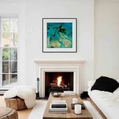 'Courage to Grow' - Square format modern abstract wall art fine art print in rich teal turquoise and warm sandy cream, abstract art blue.