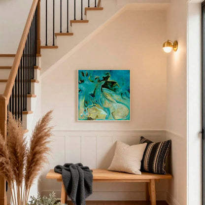 'Courage to Grow' - Modern abstract wall art in deep teal and turquoise tones with dark reef forms, blue art print fine art print for bedroom or hallway.