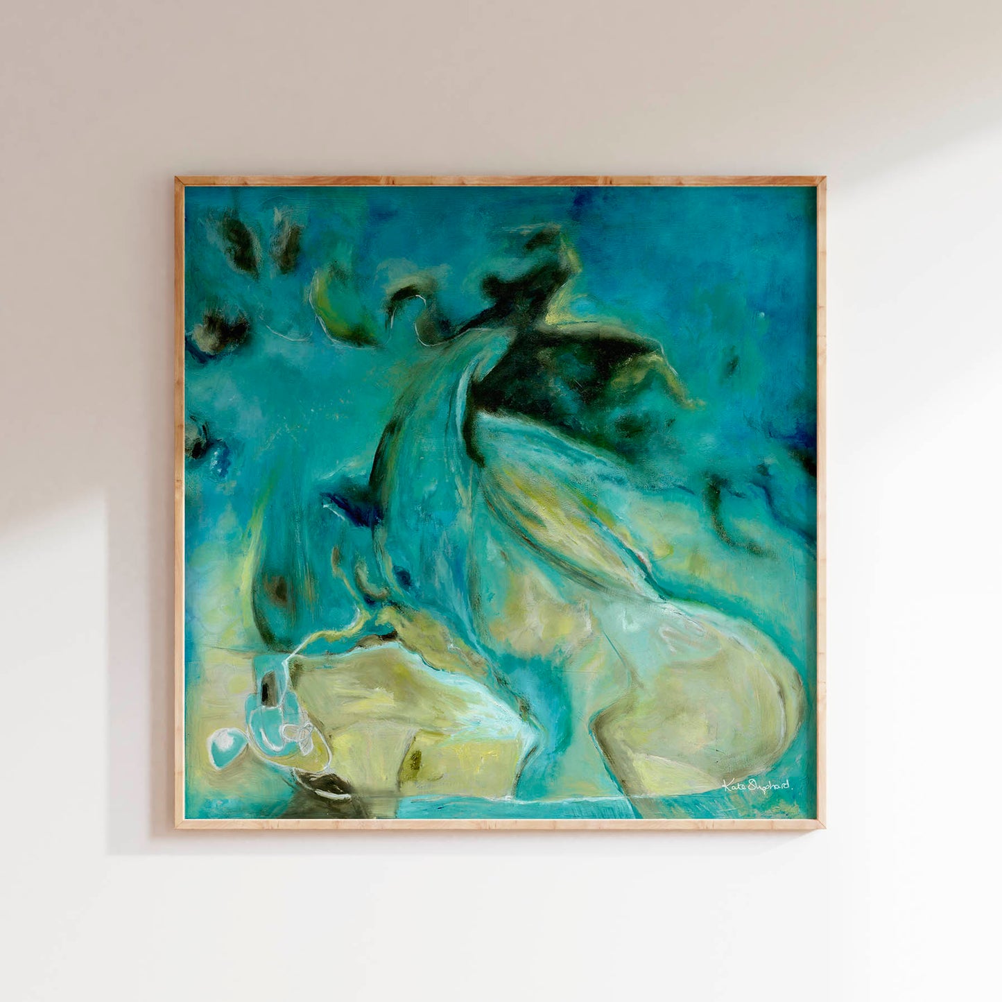 'Courage to Grow' - A luminous abstract canvas print in rich teal, turquoise and warm sandy cream — expressive mixed media painting about trusting instinct and following your heart over your plan, by Kate Shephard Art.