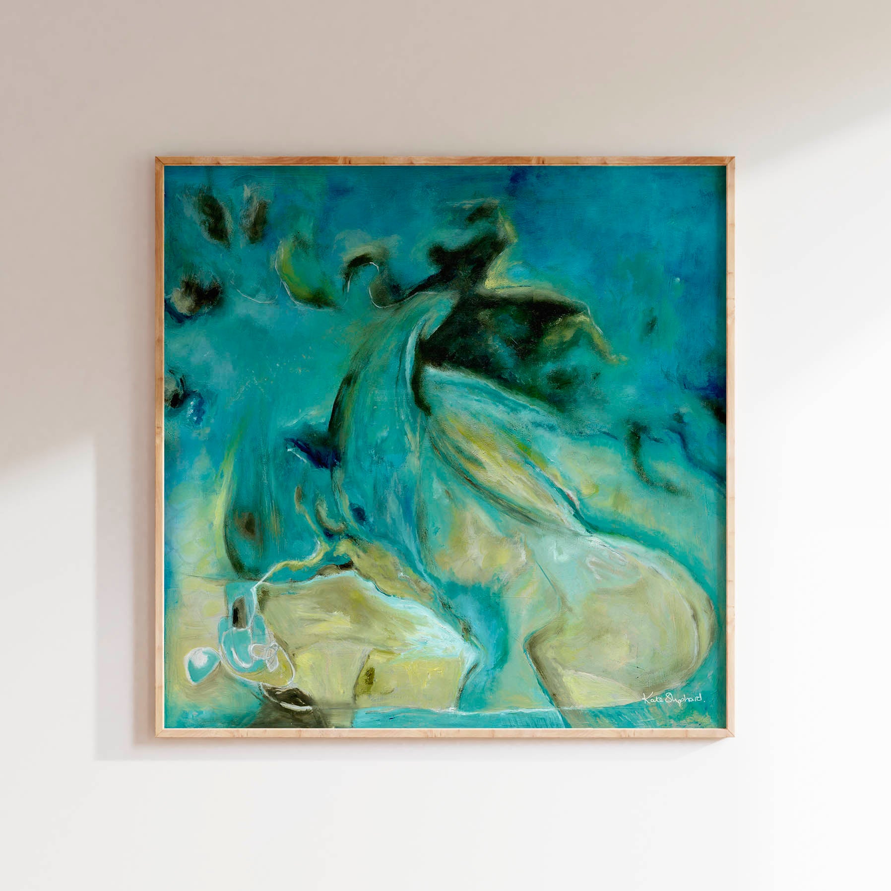 'Courage to Grow' - A luminous abstract canvas print in rich teal, turquoise and warm sandy cream — expressive mixed media painting about trusting instinct and following your heart over your plan, by Kate Shephard Art.