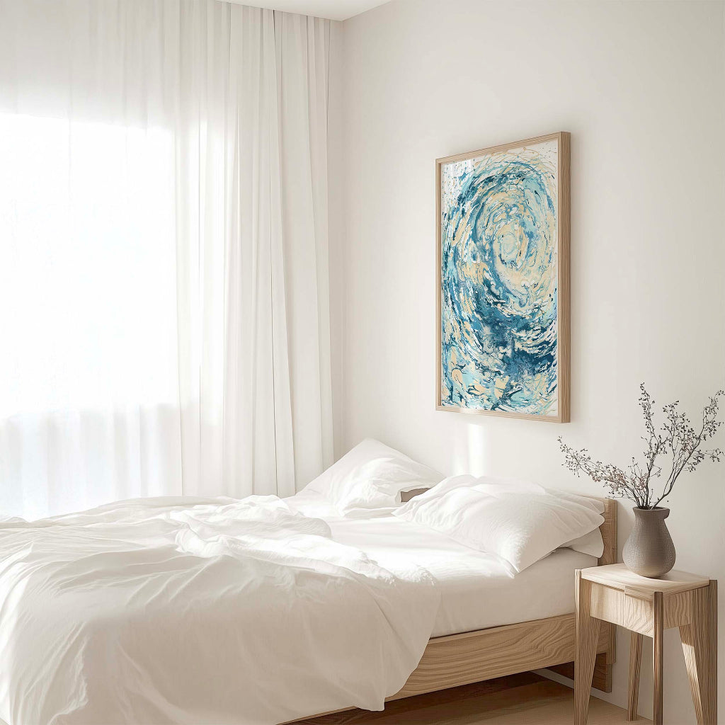 ‘Wave I’ - Blue abstract wall art print capturing the wild energy of a winter ocean wave.