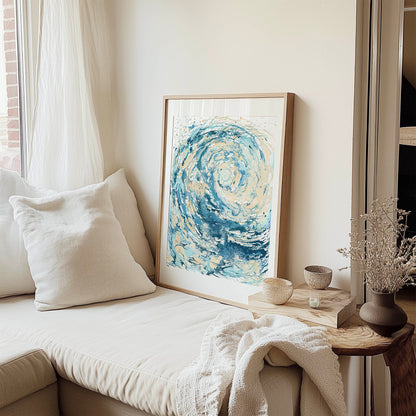 ‘Wave I’ - Abstract wave art print in ocean blues and cream tones, ideal for a coastal living room.