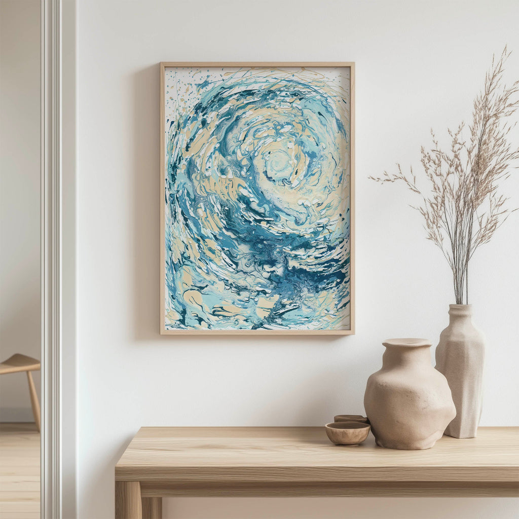 ‘Wave I’ - Coastal home decor print with expressive blue and cream brushwork evoking the sea.