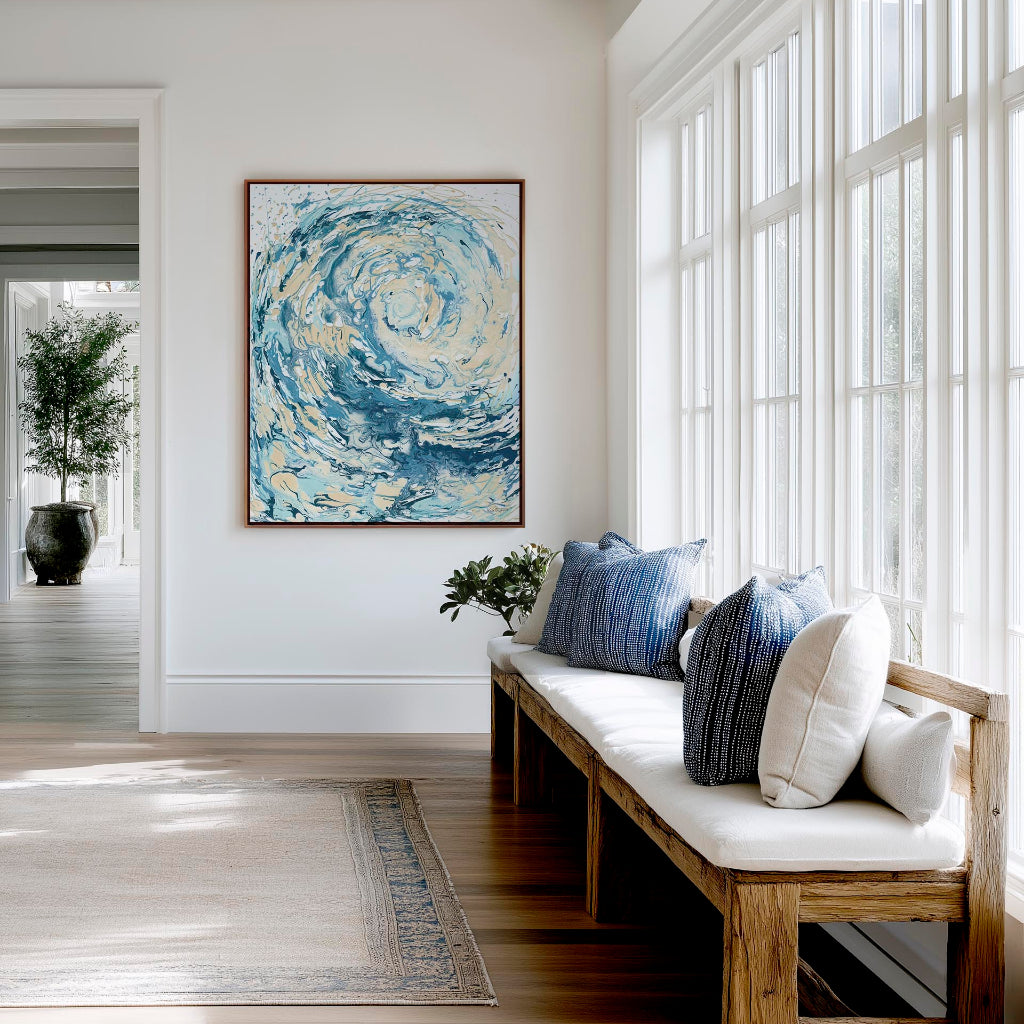 ‘Wave I’ - canvas print of a swirling abstract wave in soft blue and cream, coastal wall art by Kate Shephard Art.