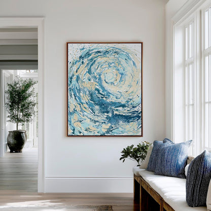 ‘Wave I’ - abstract wave artwork in ocean blue and sandy cream on canvas, living room wall art by Kate Shephard Art.