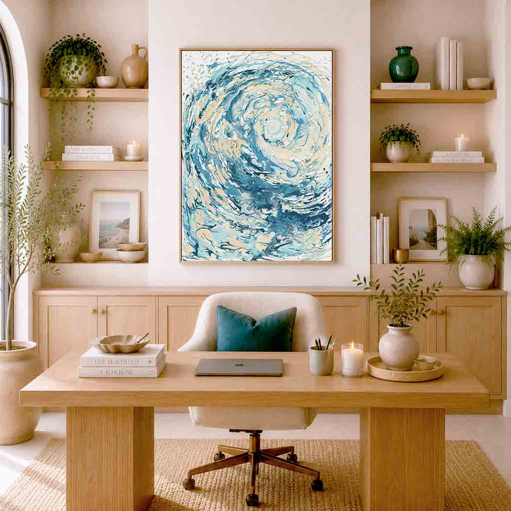 ‘Wave I’ - abstract wave artwork canvas print in ocean blue and cream, coastal decor wall art for the living room by Kate Shephard Art.