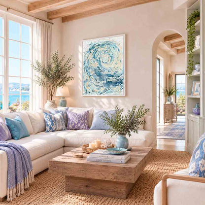 ‘Wave I’ - wave artwork canvas print with swirling ocean blues and cream tones, wall art for the living room by Kate Shephard Art.